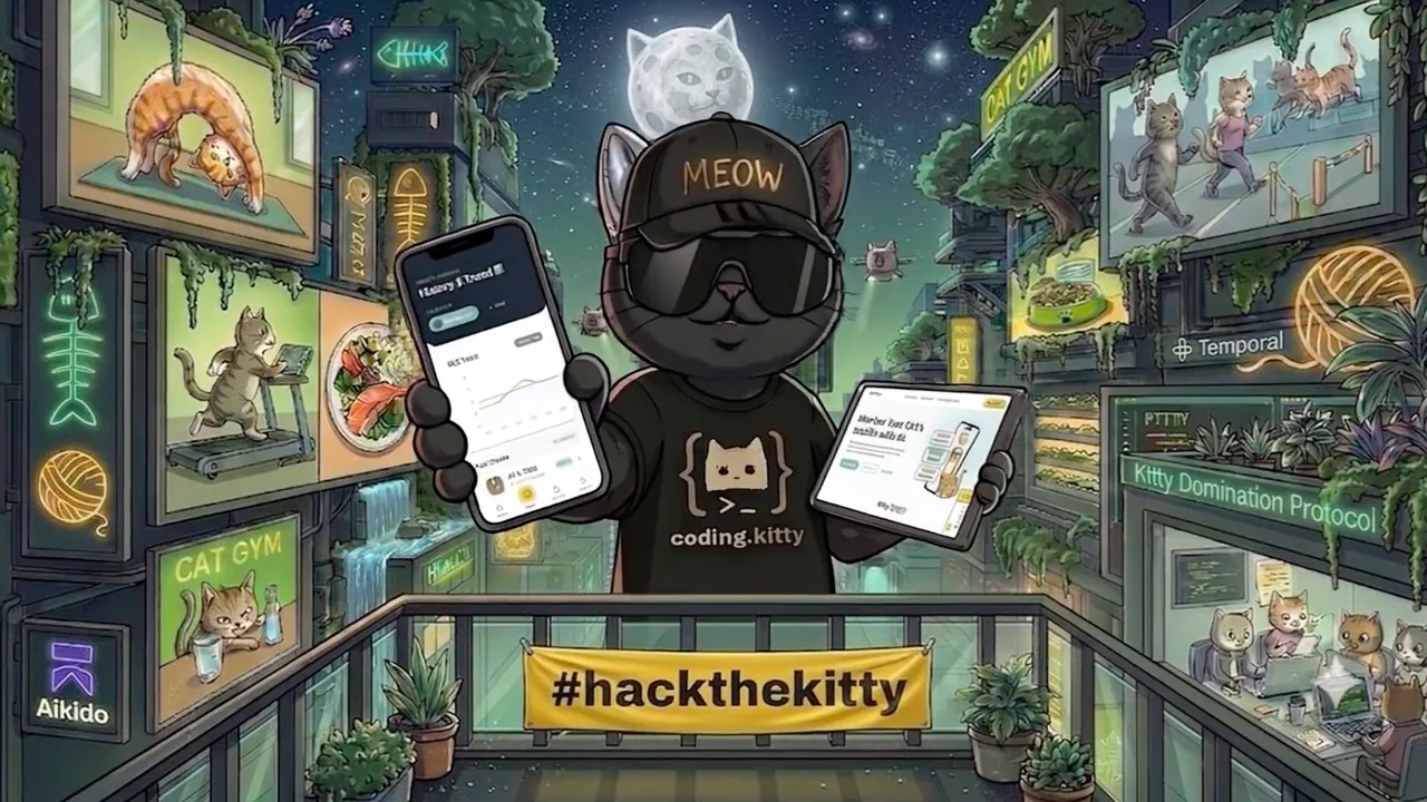 Fitty artwork: a cat in a coding.kitty shirt holding a phone showing a BCS trend chart and a tablet showing the cat health report, under a #hackthekitty banner