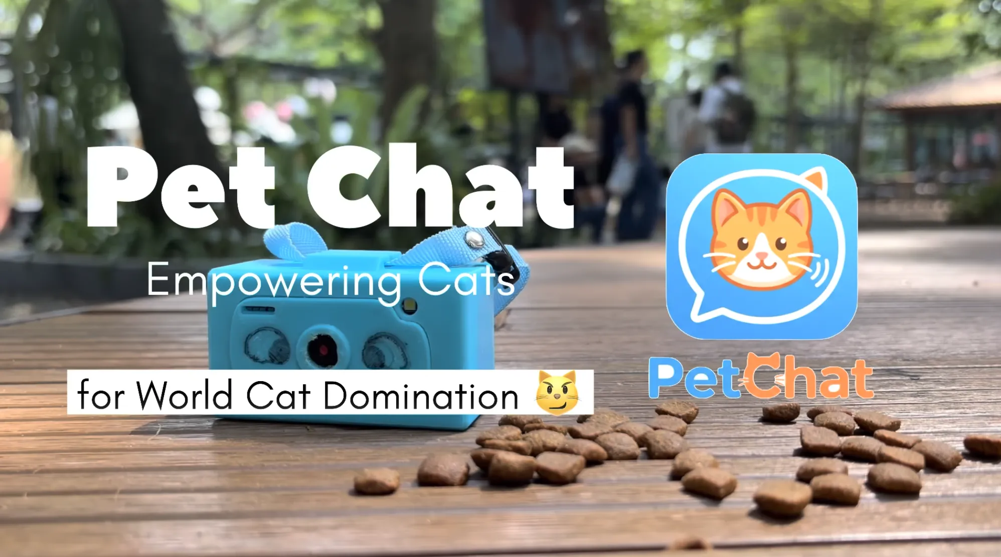Pet Talk - Smart Cat Tracker demo showing the Flutter app chat interface with an ESP32-CAM collar